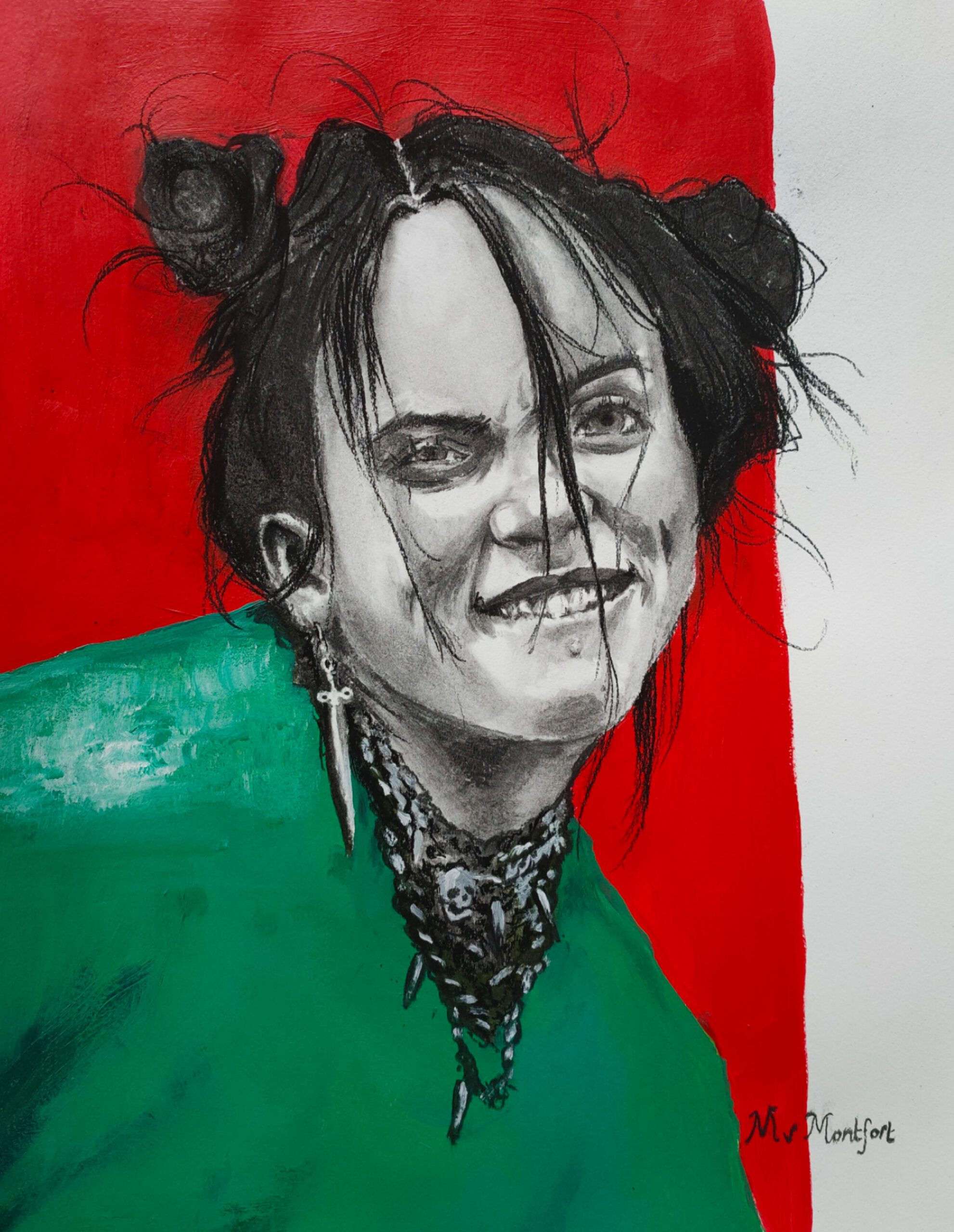 portret in gemengde technieken van Billie Eilish houtskool en acrylverf