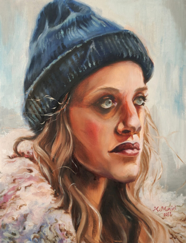 Realistisch portret geschilderd met olieverf van het personage Darlene van Mr Robot
