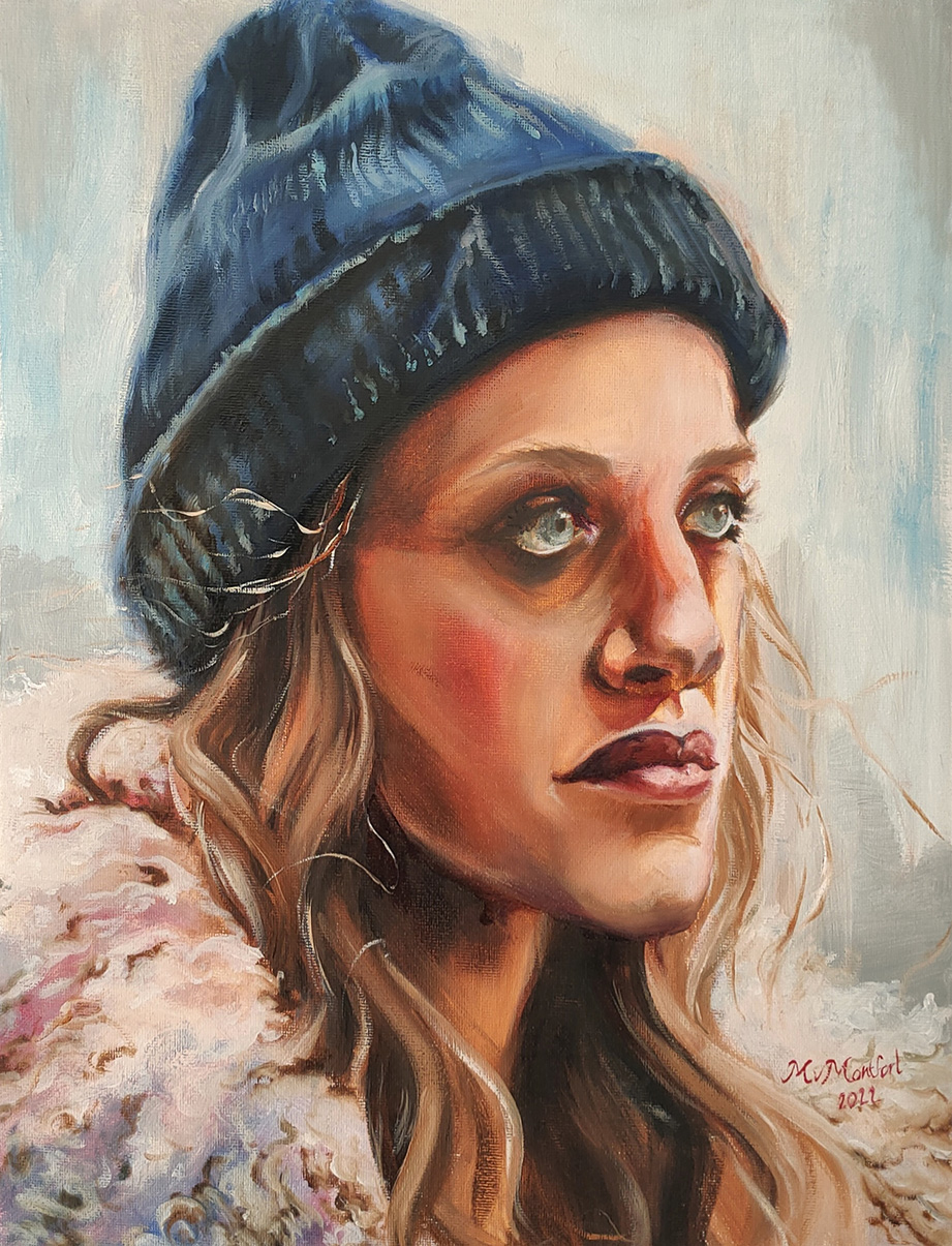 Realistisch portret geschilderd met olieverf van het personage Darlene van Mr Robot