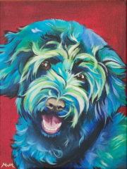Kleurrijk schilderij met een realistisch huisdier portret van een hond