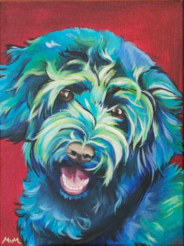 Kleurrijk schilderij met een realistisch huisdier portret van een hond
