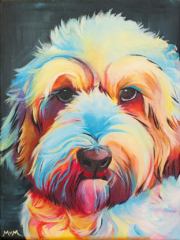 Kleurrijk schilderij met een realistisch huisdier portret van een hond