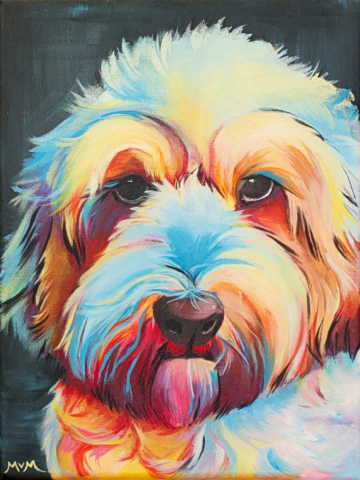 Kleurrijk schilderij met een realistisch huisdier portret van een hond