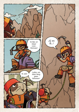 Kleurrijke strip pagina met een cavia en meisje die een berg beklimmen