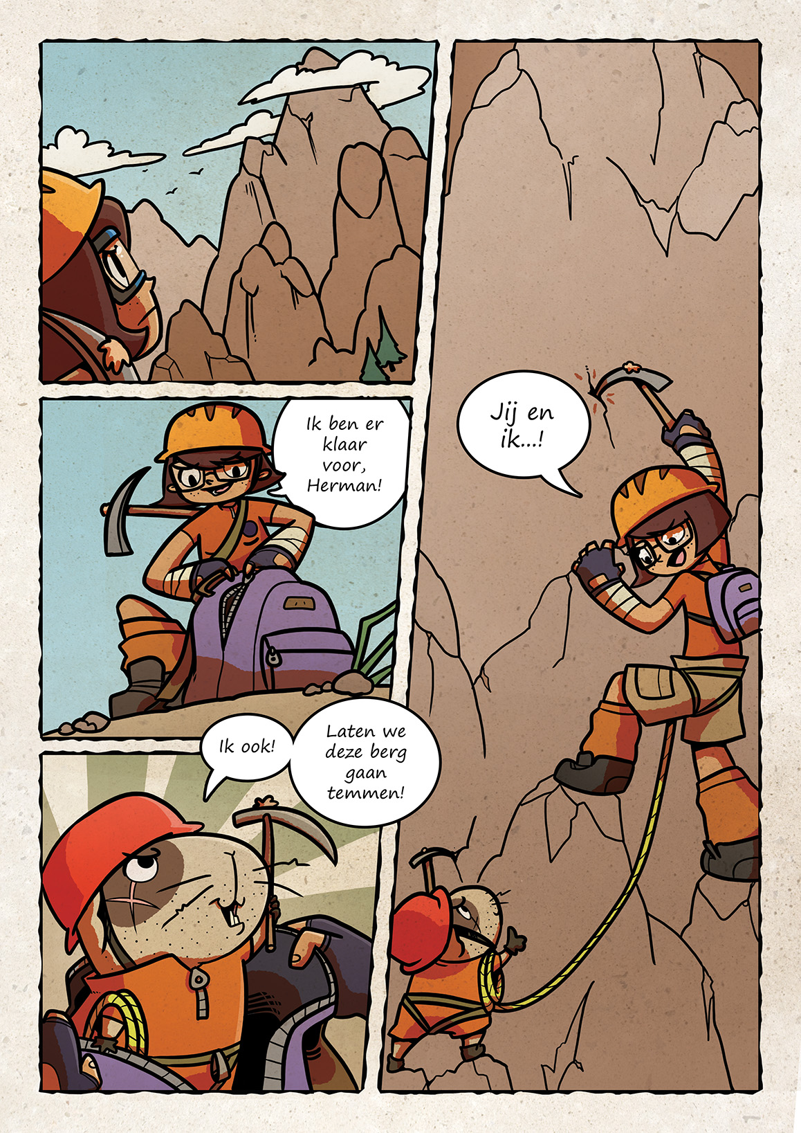 Kleurrijke strip pagina met een cavia en meisje die een berg beklimmen