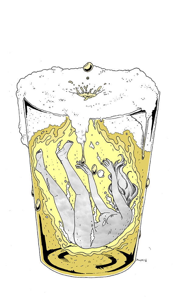Illustratie van een bierglas waar een vrouw in verdrinkt.
