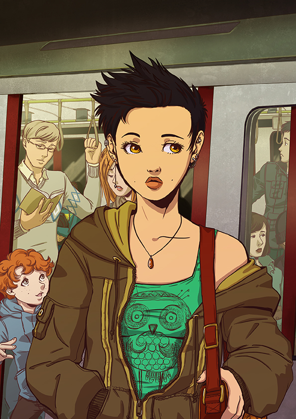 Digitale illustratie door Milou van Montfort van een jonge meid met op de achtergrond een drukke metro. Anime stijl.