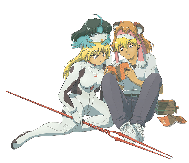 Manga illustratie in de stijl van Neon Genesis Evangelion van de mascottes van tijdschrift Aniway