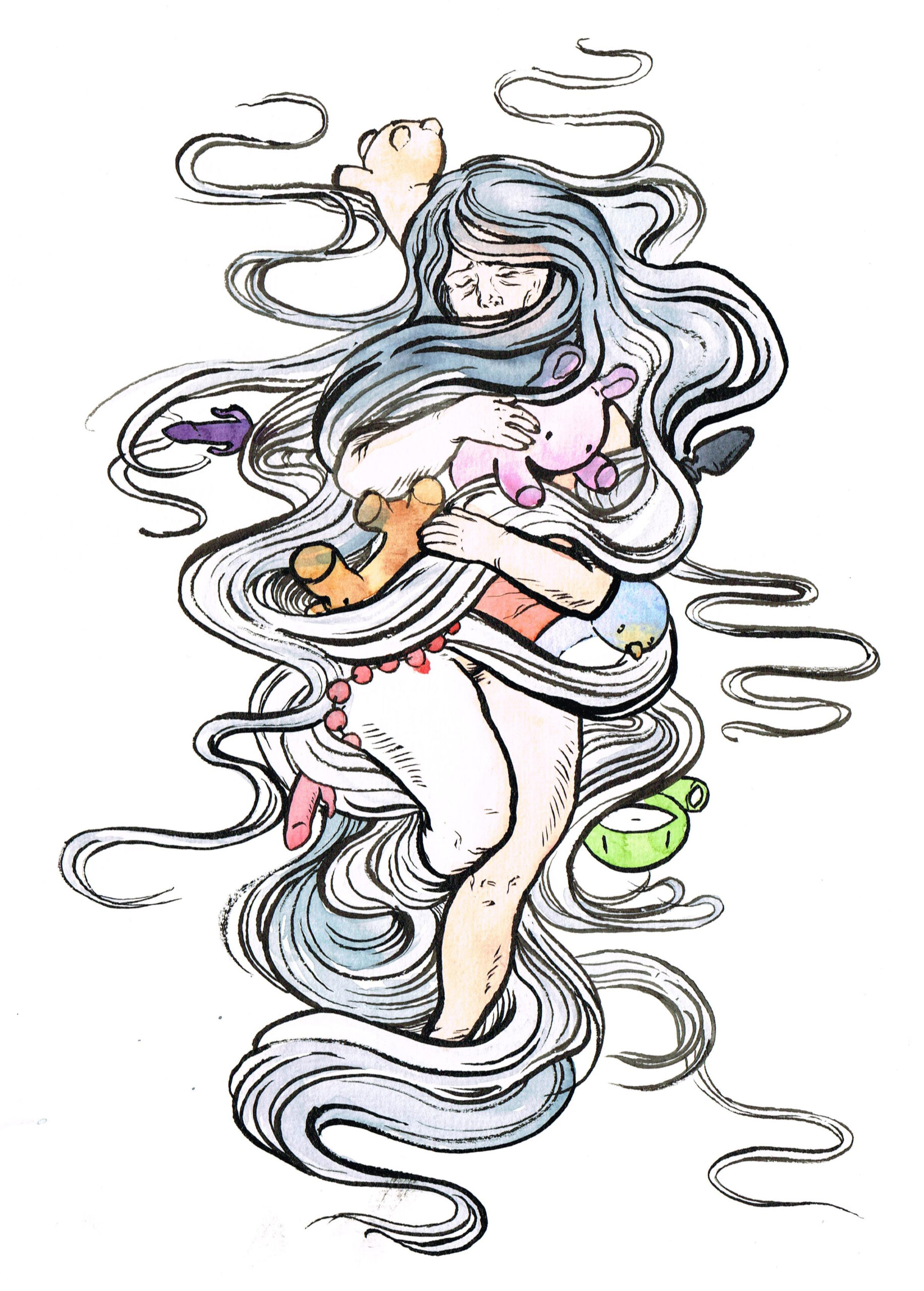 Illustratie in inkt en aquarel verf van een oude dame met lang haar die troost zoekt