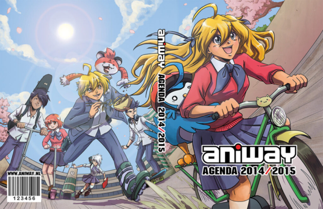 Omslag illustratie door Milou van Montfort van de mascottes van Aniway in manga stijl. High school Japan thema