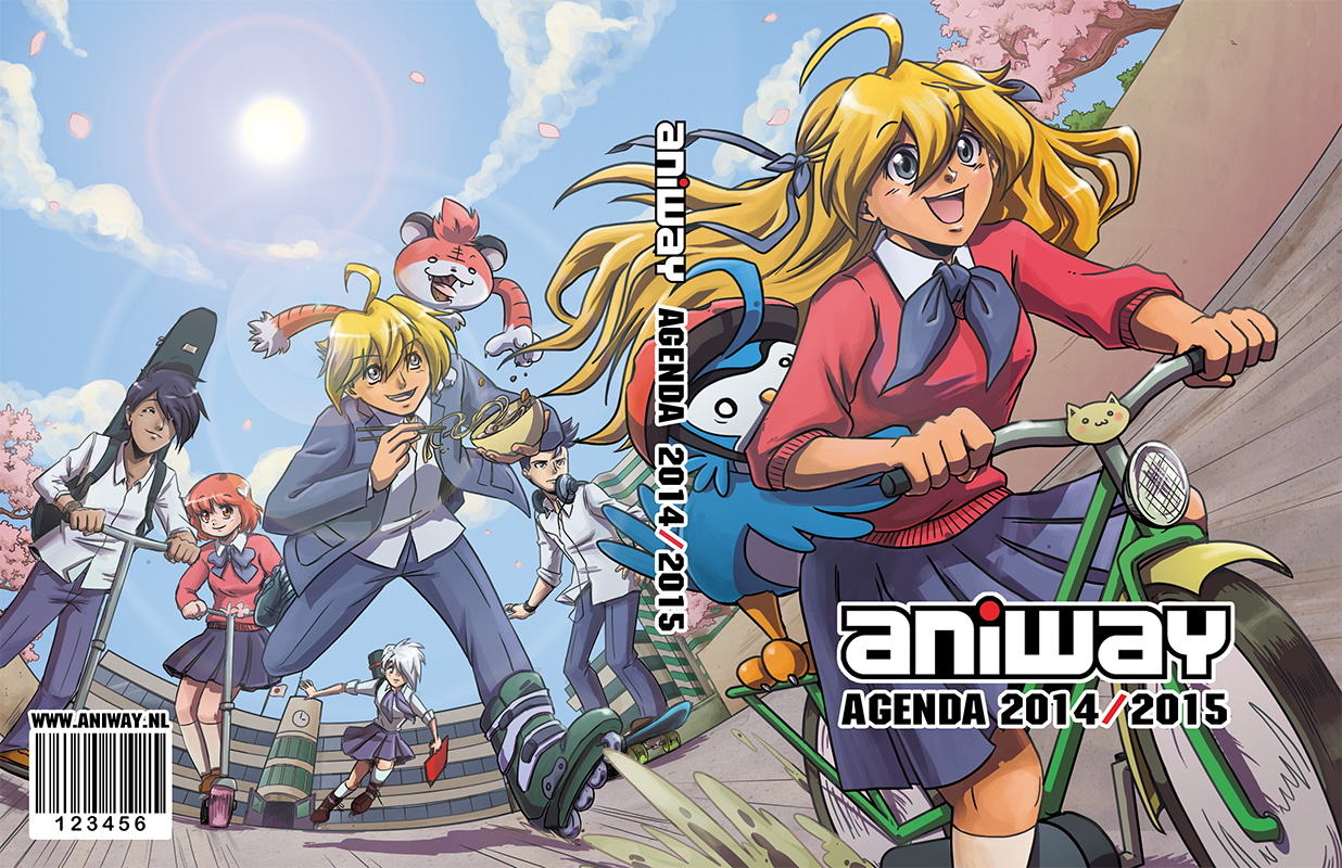 Omslag illustratie door Milou van Montfort van de mascottes van Aniway in manga stijl. High school Japan thema